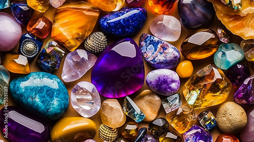 Natural precious and semi-precious stones of different colors on a light background. photo