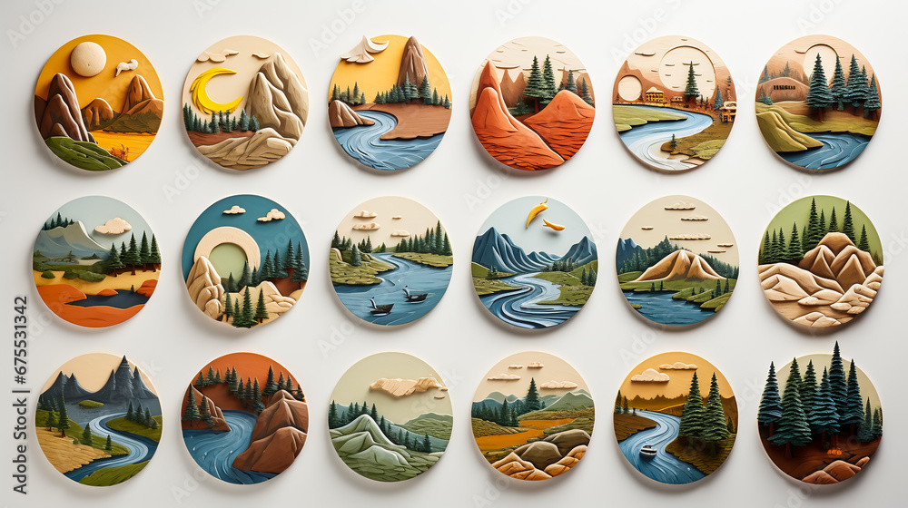 set of round icons with various landscapes