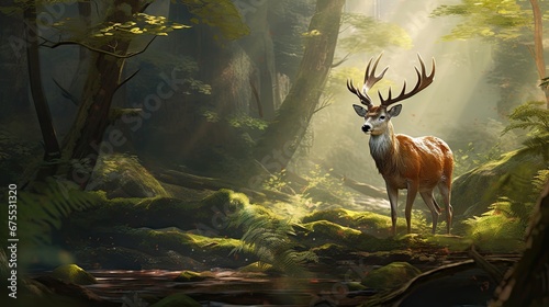  a painting of a deer standing in the middle of a forest with sunlight streaming through the trees and leaves on the ground. generative ai