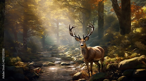  a deer standing in the middle of a forest with a stream running through the middle of it's forest. generative ai
