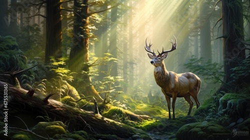  a painting of a deer standing in the middle of a forest with sunbeams shining down on the trees.  generative ai © Anna