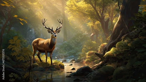  a painting of a deer standing in the middle of a forest with a stream running through the middle of it. generative ai