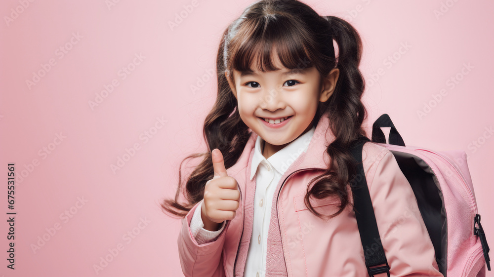 Smiling and charming, the little girl carries a school backpack while raising her finger in a sign of enthusiasm against a soft pink background. The concept captures the joy of learning. Smiling and charming, the little girl carries a school backpack while raising her finger in a sign of enthusiasm against a soft pink background. The concept captures the joy of learning.