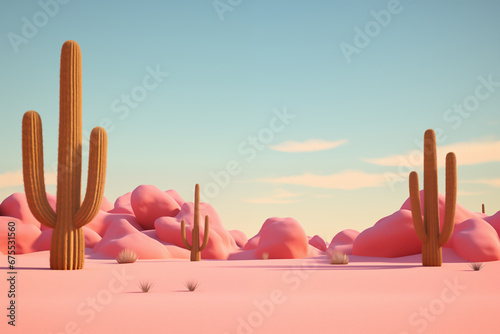 Surreal Low Poly Desert Landscape with Vibrant Cacti