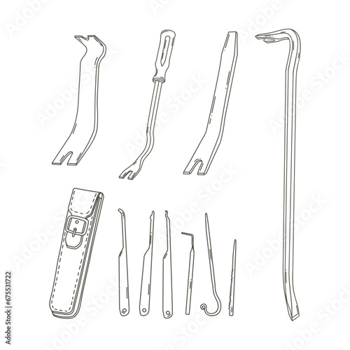 Outline thieves tools. Isolated burglar jimmies kit. Criminal unlock instruments set. Bandit equipment icons
