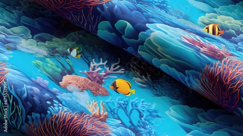  an underwater scene with corals, fish, and seaweed on a blue background with corals and corals. generative ai