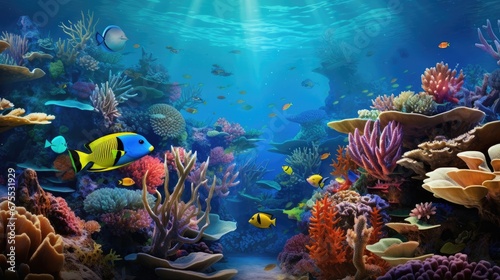 an underwater scene of a coral reef with a variety of tropical fish and corals  with sunlight streaming through the water.  generative ai