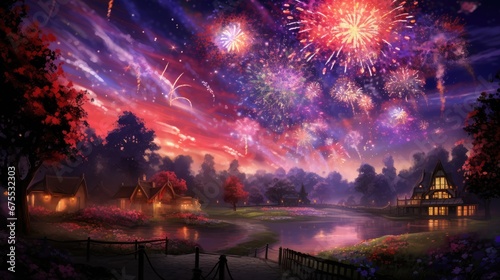  a painting of fireworks in the night sky over a lake with a house in the foreground and trees in the background.  generative ai © Anna