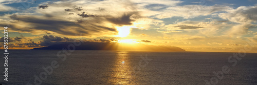 Panoramic sunset over Gomera island, Tenerife, Canaries, Spain