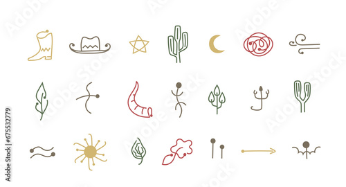 Boho wild west line icon set. Native American, Indian ancient silhouette collection