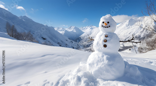 A cheerful snowman with a stunning alpine backdrop on a bright winter day. © Jan