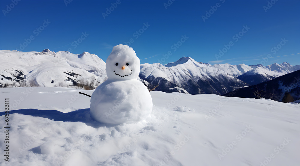 A cheerful snowman with a stunning alpine backdrop on a bright winter day. A cheerful snowman with a stunning alpine backdrop on a bright winter day.