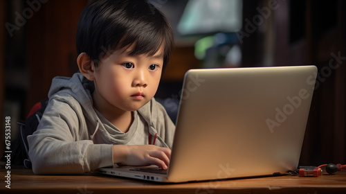 Adorable young asian boy on laptop