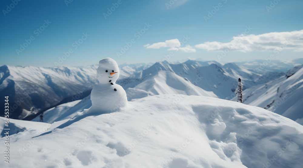 A cheerful snowman with a stunning alpine backdrop on a bright winter day.