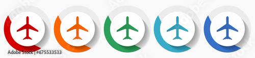 Plane, flight, airplane vector icon set, flat design colorful round icons in 5 color options for webdesign and mobile applications