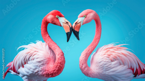 Closeup of two animals pink flamingos standing next to each other isolated on blue background 