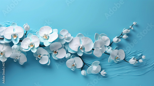 Closeup of white orchids on pastell blue background 
