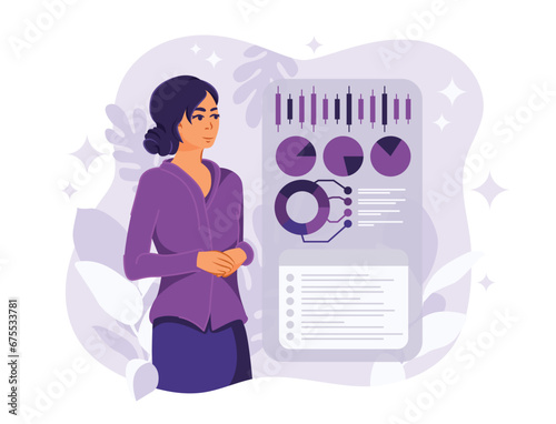 Young businesswoman. A woman is preparing a financial tax report. Abstract data analysis. Business technology and workflow. Flat Vector Illustration