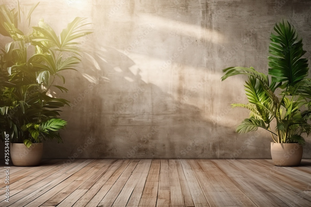 Photo of an Empty Room with a Few Plants on the Side Leaving space to the Wooden Wall and Concrete Floor. Photo of an Empty Room with a Few Plants on the Side Leaving space to the Wooden Wall and Concrete Floor.