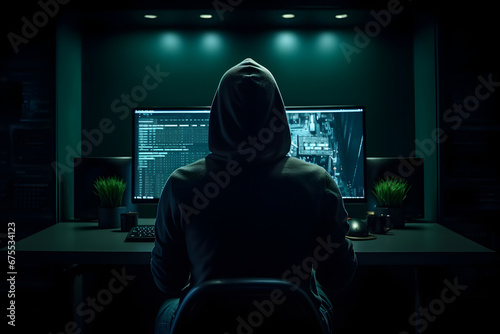 Hacker with a hoodie on sitting in front of a laptop in a dark room