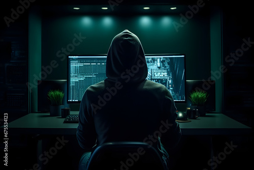 Hacker with a hoodie on sitting in front of a laptop in a dark room photo