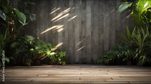 Photo of an Empty Room with a Few Plants on the Side Leaving space to the Wooden Wall and Concrete Floor.