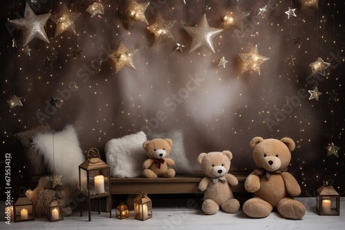 A Christmas Decorated Room with many Light Gray Bears and other Illuminated Stars. Room Decorated for little Children.