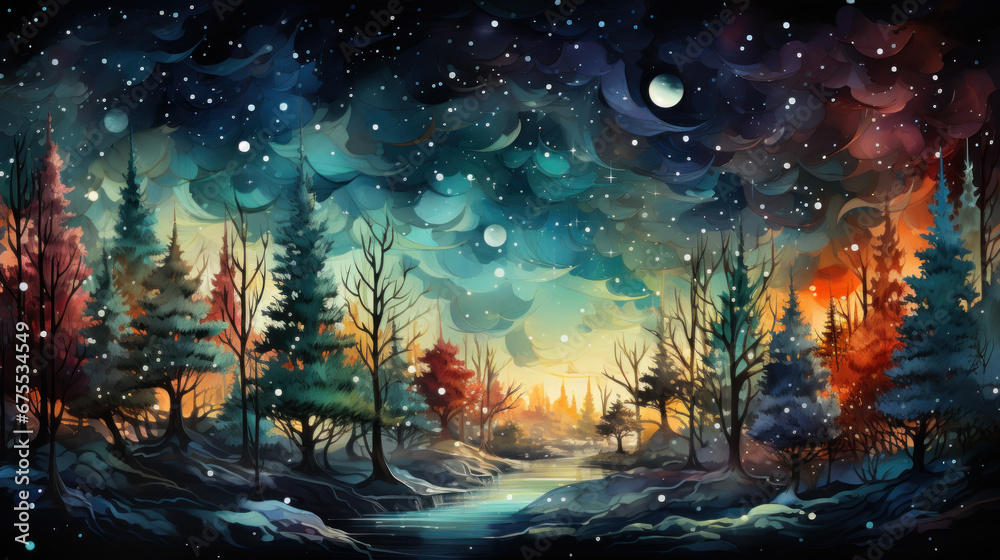 Christmas winter colorful landscape at night with fir trees, snow and lights in watercolor style.