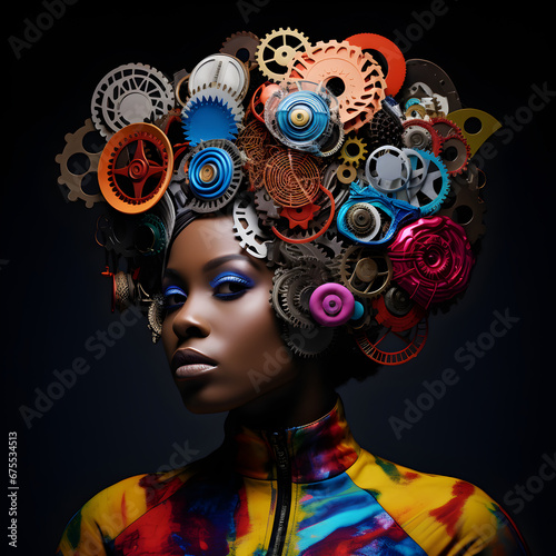 xAbstract portrait of a black woman with colorful gears emerging from her head depicting neurodiversity photo