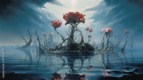  a painting of a floating island with flowers in the middle of the water and clouds in the sky above it.  generative ai #675534771