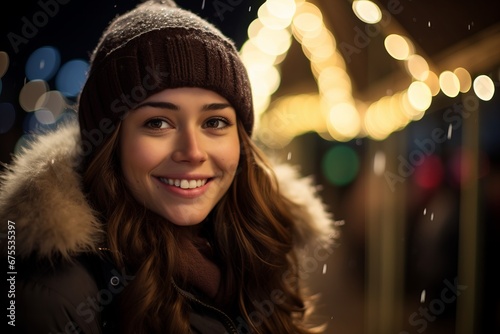 Portrait of a beautiful pretty young stylish woman enjoying a vacation evening time outdoors under the snowflakes at the christmas market during winter holidays