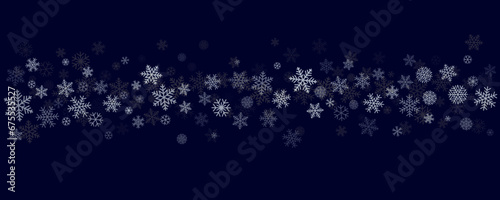 Christmas snowflakes background. Winter snow border blue decoration, greeting card. Noel subtle frame backdrop. Vector illustration