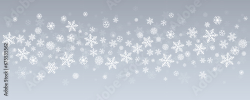 Christmas snowflakes background. Winter silver snow border decoration, greeting card. Noel subtle frame backdrop. Vector illustration