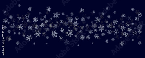 Christmas snowflakes background. Winter snow border blue decoration, greeting card. Noel subtle frame backdrop. Vector illustration