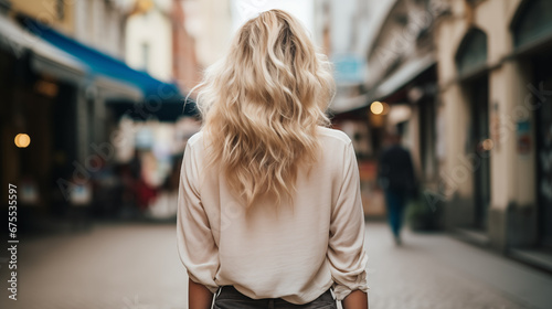 A beautiful woman with blond hair walks through the streets of the city. Girl enjoy holidays. Beautiful historical architecture. Travel weekend. Adventure lifestyle. Generated AI