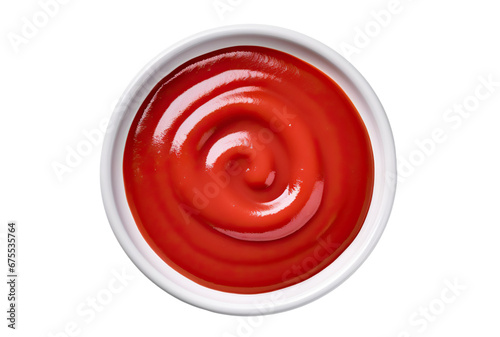 Delicious tomato ketchup in a white ramekin, cut out photo
