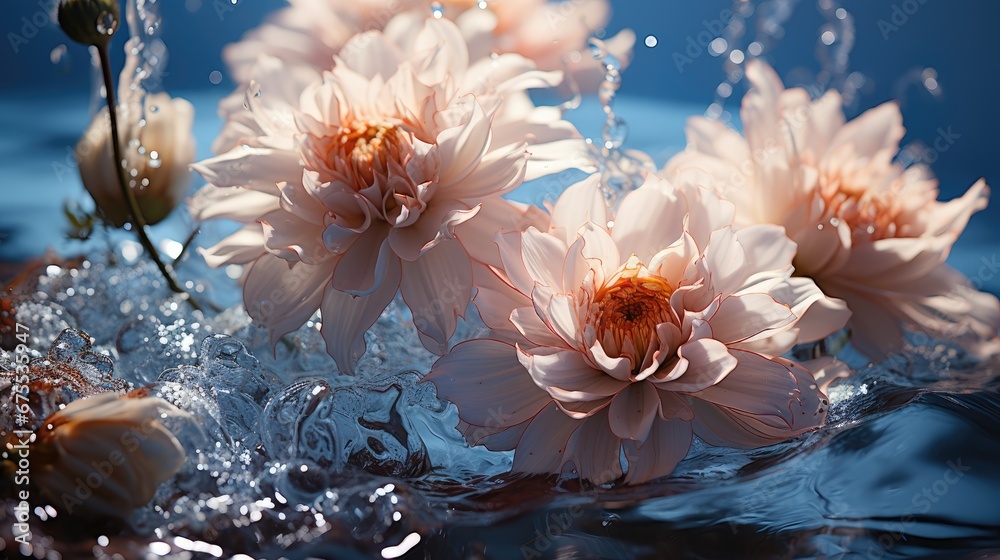  a group of pink flowers floating on top of a body of water with drops of water on the bottom of the flowers.  generative ai