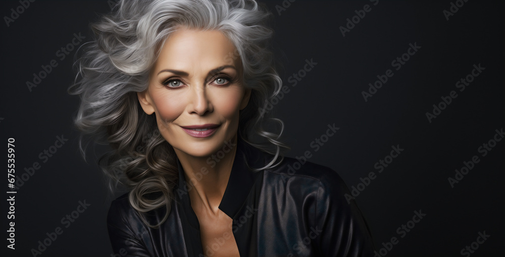 Adult woman touch face with smooth healthy skin. Beautiful aging mature woman with long gray hair and happy shy smiling. Beauty and cosmetics skincare advertising concept Adult woman touch face with smooth healthy skin. Beautiful aging mature woman with long gray hair and happy shy smiling. Beauty and cosmetics skincare advertising concept
