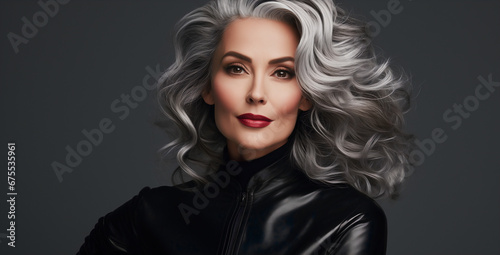 Adult woman touch face with smooth healthy skin. Beautiful aging mature woman with long gray hair and happy shy smiling. Beauty and cosmetics skincare advertising concept