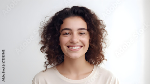 Portrait of authentic happy woman without makeup  smiling at camera  standing cute against white background.