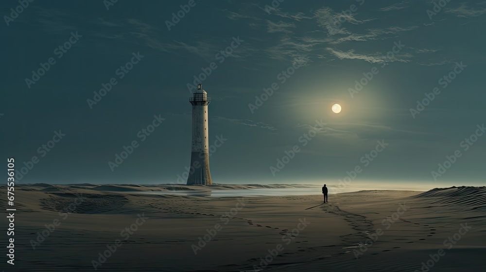 Fototapeta premium a person standing in the sand next to a light house in the middle of the ocean with a full moon in the background. generative ai