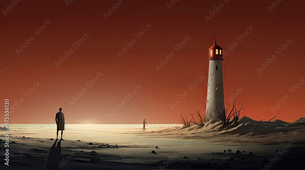  a painting of a man standing in front of a lighthouse on a red sky with the sun setting behind him.  generative ai
