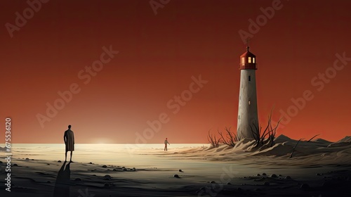  a painting of a man standing in front of a lighthouse on a red sky with the sun setting behind him. generative ai
