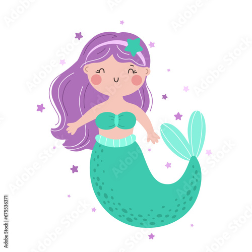 Cute little mermaid character, children's illustration, print in flat style.