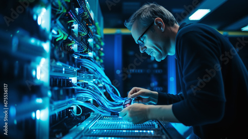 computer scientist works on a server rack in a server room