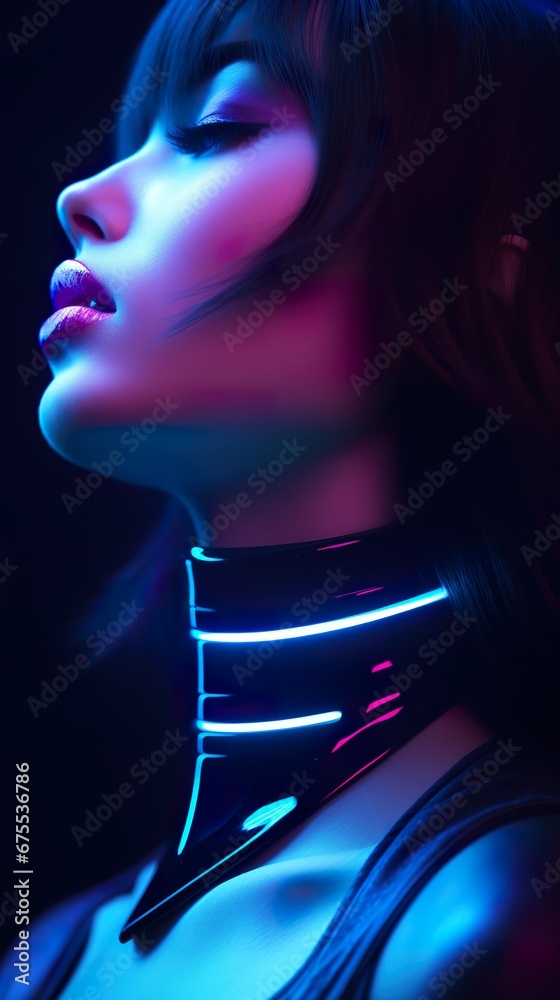 seductive young woman in futuristic neon glowing choker, necklace or collar, beauty cyberpunk female concept, in style of sci-fi and fantasy
