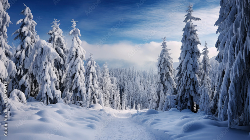 Holiday snowy winter landscape with little sunlight effect and frozen snowy forest trees, greeting card