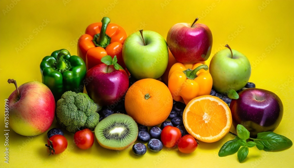 fruits and vegetables on the yellow background, healthy food