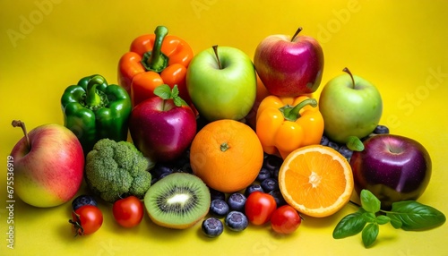fruits and vegetables on the yellow background  healthy food