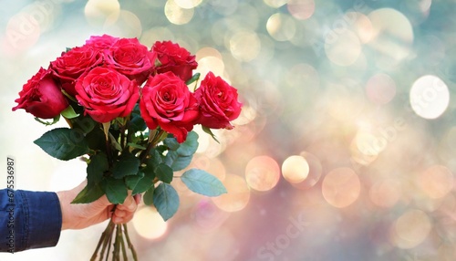 A bouquet of red roses in a man s hand on a blurred background  copy space 